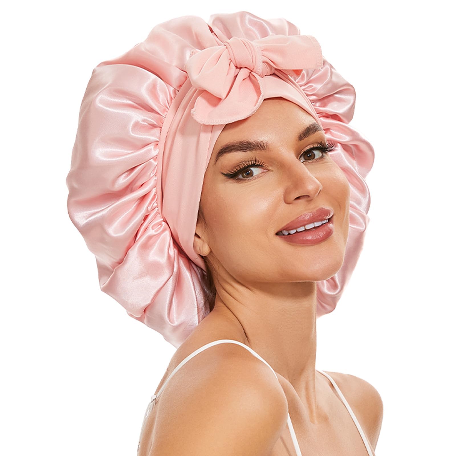 Large Silk Bonnet for Sleeping Satin Hair Bonnet for Sleeping with Tie Band Double Layer Satin Bonnets for Women Natural Curly Hair