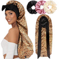 1+3 Long Satin Bonnets with Scrunchies for Women Sleeping Double Layer Large Braid Bonnet with Tie Band G