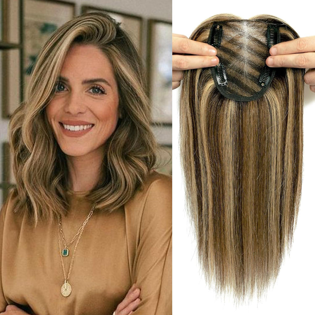 YAMI Hair Toppers for Women with Thinning hair 100% Real Human Hair Toppers for Women 40g Human Hair Toppers for Women Clip In Hair Topper Swiss Base 12inch Medium Brown with Highlight