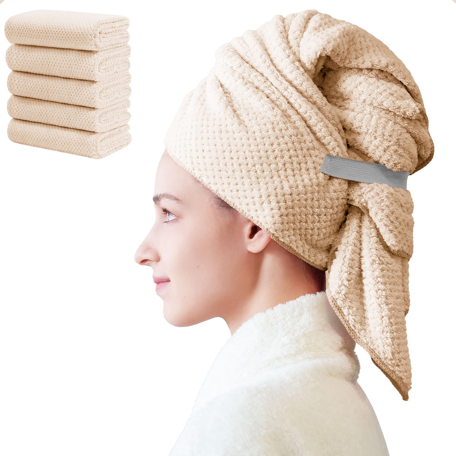 Wuwahold Microfiber Hair Towels Waffle Hair Towel Set Super Soft Highly Absorbent Sturdy Quick Drying Turbans for Long Thick Curly Hair (5 Pack 40" x 20")