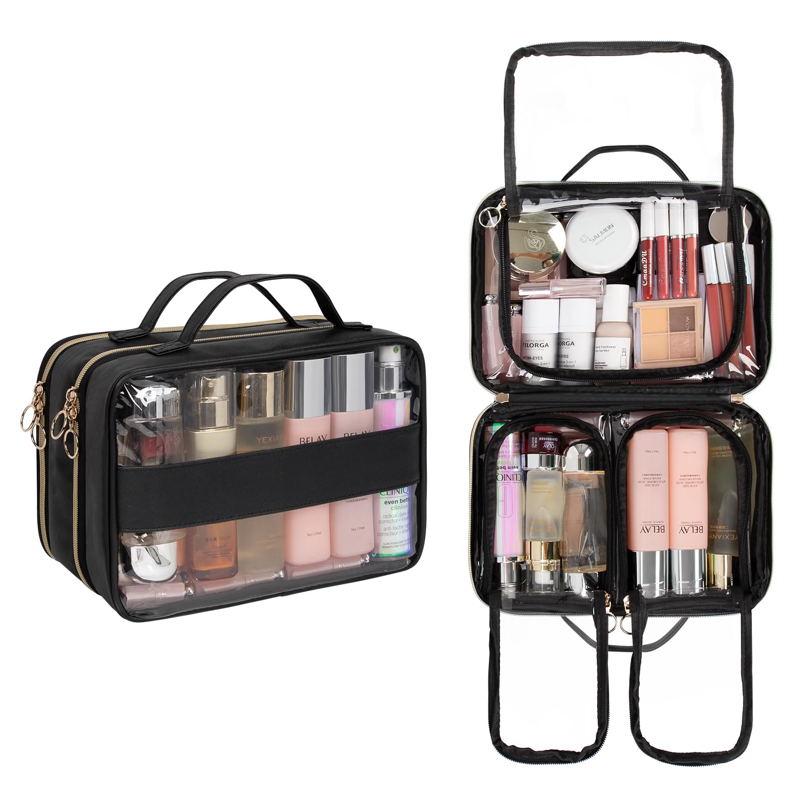 OCHEAL Makeup Bag Organizer Double Layer Cosmetic Bag Large Capacity Travel Toiletry Bag for Women Beauty Essentials Multiple Compartments Makeup Case Organizer Zipper Pouch - Black