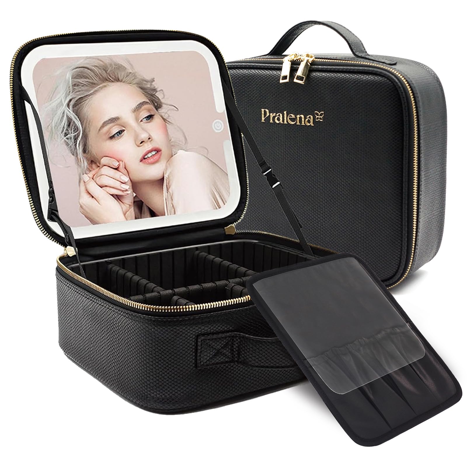 PRALENA Travel Makeup Bag with LED Lighted Mirror Adjustable Brightness in 3 Colors Portable Makeup Case with Dividers Cosmetic Organizer for Beauty Artists Perfect for Travel & HomeBlack